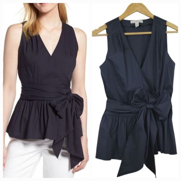 NEW 1901 Surplice Wrap Fit & Flare Peplum Sleeveless Blouse in Navy Blue Size 8 - Picture 1 of 10